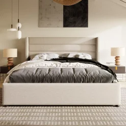 Lit Double Rembourré Hydraulique Lit De Rangement, Sommier à Lattes En Bois,beige, 180x200 Cm