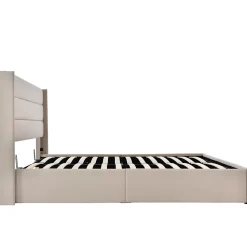 Lit Double Rembourré Hydraulique Lit De Rangement, Sommier à Lattes En Bois,beige, 180x200 Cm