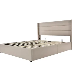 Lit Double Rembourré Hydraulique Lit De Rangement, Sommier à Lattes En Bois,beige, 180x200 Cm