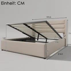Lit Double Rembourré Hydraulique Lit De Rangement, Sommier à Lattes En Bois,beige, 180x200 Cm