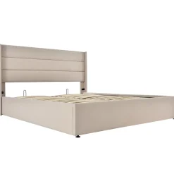 Lit Double Rembourré Hydraulique Lit De Rangement, Sommier à Lattes En Bois,beige, 180x200 Cm