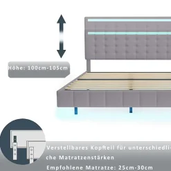 Lit double rembourré 140x200 cm, cadre de lit flottant, rembourré, avec LED, lin, gris