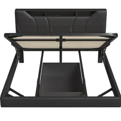 Lit double rembourré 140x200 cm, USB, LED, cadre avec tête de lit, rangement, coffre, polyuréthane gris.