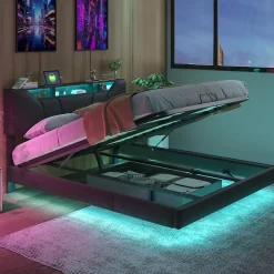 Lit double rembourré 140x200 cm, USB, LED, cadre avec tête de lit, rangement, coffre, polyuréthane gris.