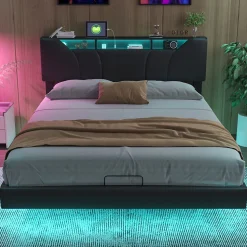 Lit double rembourré 140x200 cm, USB, LED, cadre avec tête de lit, rangement, coffre, polyuréthane gris.