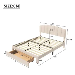 Lit double rembourré 160x200cm avec USB et grand tiroirs - tissu en sherpa - Beige