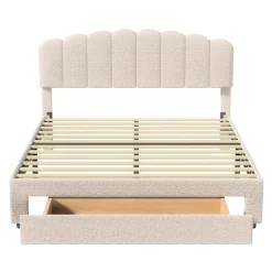 Lit double rembourré 160x200cm avec USB et grand tiroirs - tissu en sherpa - Beige