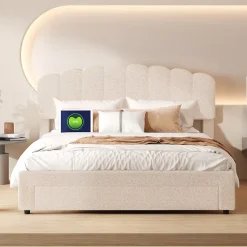 Lit double rembourré 160x200cm avec USB et grand tiroirs - tissu en sherpa - Beige