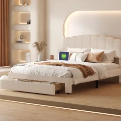 Lit double rembourré 140x200cm avec USB et grand tiroirs - tissu en sherpa - Beige