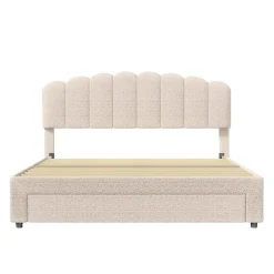 Lit double rembourré 140x200cm avec USB et grand tiroirs - tissu en sherpa - Beige