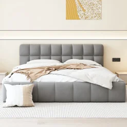 Lit double rembourré 140x190cm, avec dossier souple, lit plat avec encadrement rembourré et sommier à lattes, lin, gris