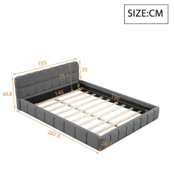 Lit double rembourré 140x190cm, avec dossier souple, lit plat avec encadrement rembourré et sommier à lattes, lin, gris