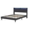 Lit Double Rembourré 140x200cm, Cadre de lit avec LED et Prise USB, sommier à Lattes, Gris
