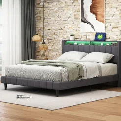 Lit Double Rembourré 140x200cm, Cadre de lit avec LED et Prise USB, sommier à Lattes, Gris