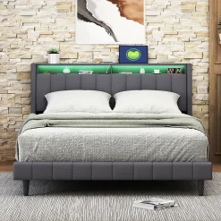 Lit Double Rembourré 140x200cm, Cadre de lit avec LED et Prise USB, sommier à Lattes, Gris