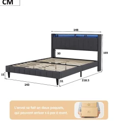 Lit Double Rembourré 140x200cm, Cadre de lit avec LED et Prise USB, sommier à Lattes, Gris