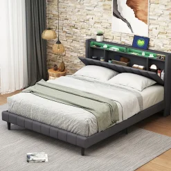 Lit Double Rembourré 160x200cm, Cadre de lit avec LED et Prise USB, sommier à Lattes, Gris