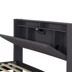 Lit Double Rembourré 160x200cm, Cadre de lit avec LED et Prise USB, sommier à Lattes, Gris