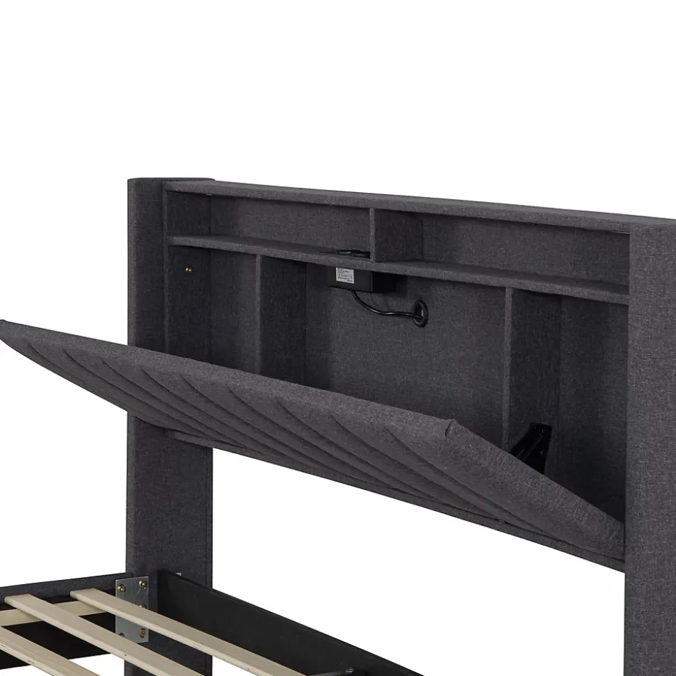 Lit Double Rembourré 160x200cm, Cadre de lit avec LED et Prise USB, sommier à Lattes, Gris