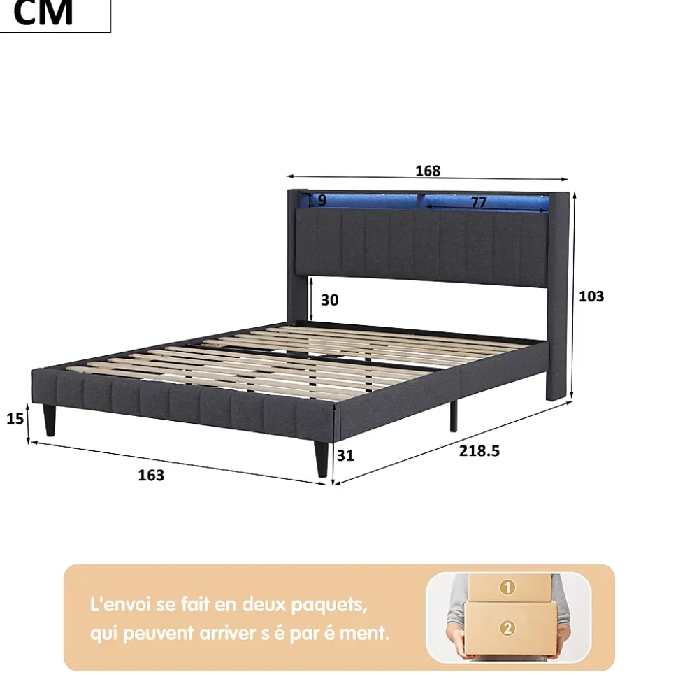 Lit Double Rembourré 160x200cm, Cadre de lit avec LED et Prise USB, sommier à Lattes, Gris