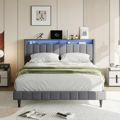 Lit Double Rembourré 160x200cm, Cadre de lit avec LED et Prise USB, sommier à Lattes, Gris