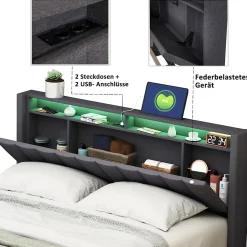 Lit Double Rembourré 160x200cm, Cadre de lit avec LED et Prise USB, sommier à Lattes, Gris