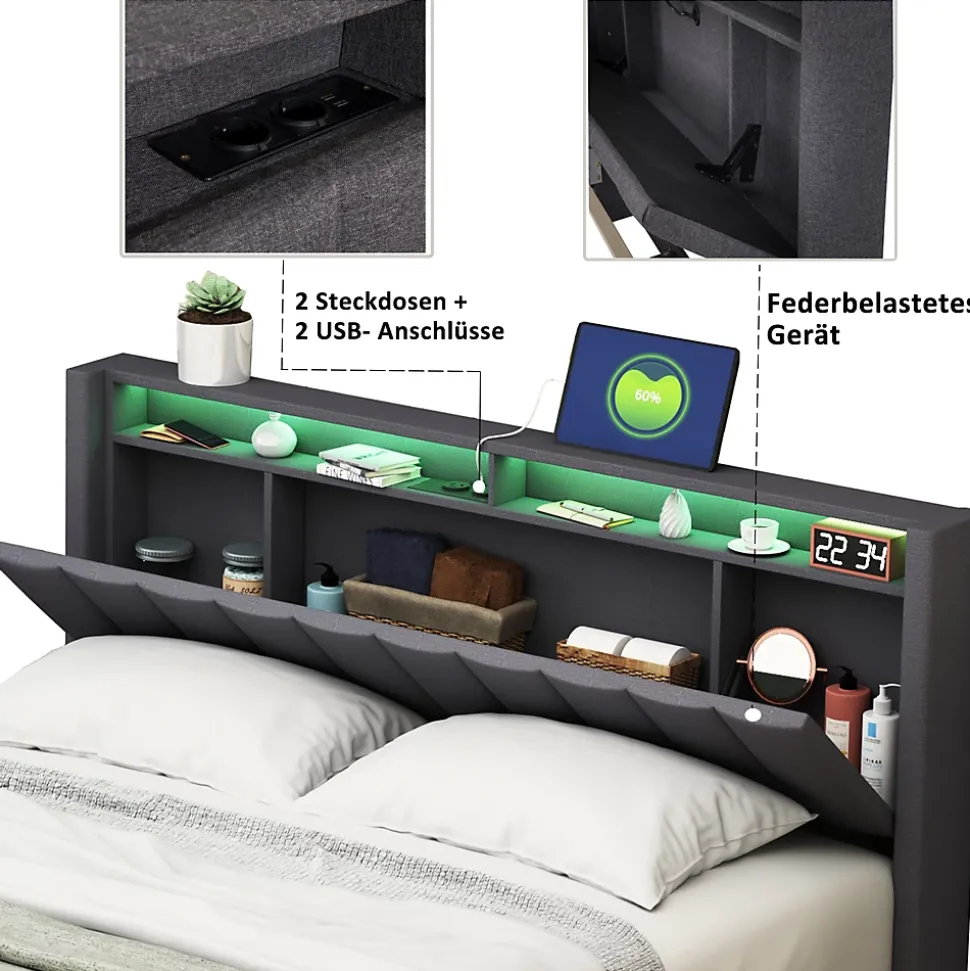 Lit Double Rembourré 160x200cm, Cadre de lit avec LED et Prise USB, sommier à Lattes, Gris