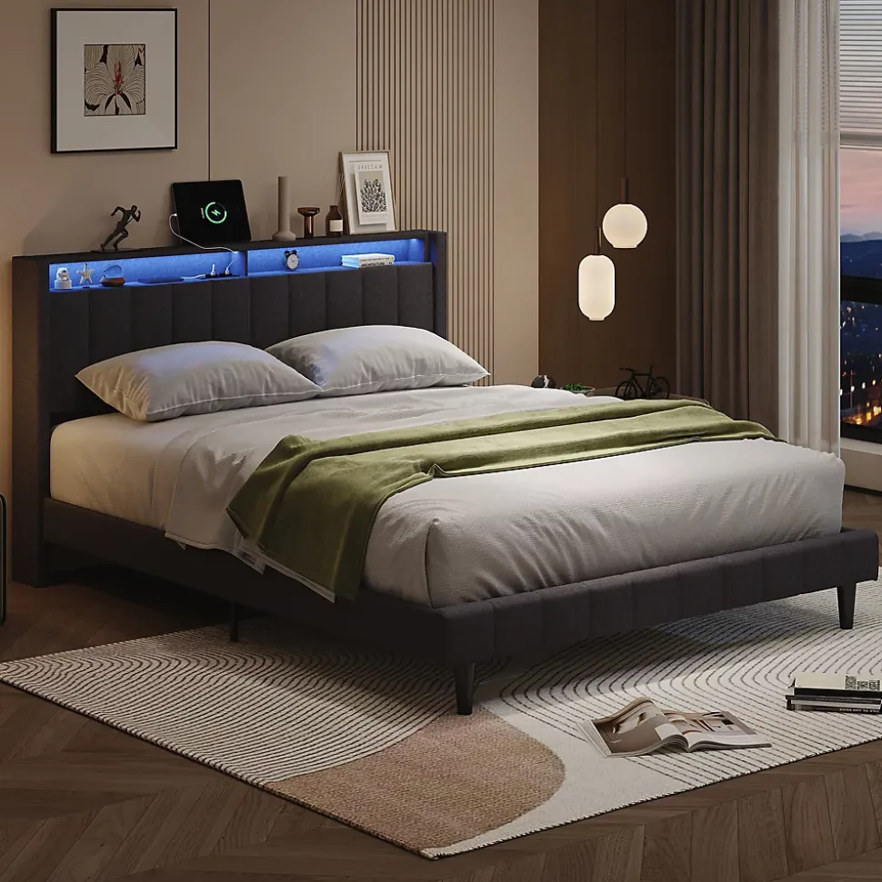 Lit Double Rembourré 160x200cm, Cadre de lit avec LED et Prise USB, sommier à Lattes, Gris