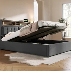 Lit double rembourré 160x200cm, lit de rangement, avec prise usb c fonction de chargement tête de lit,sommier à lattes, lin, gris