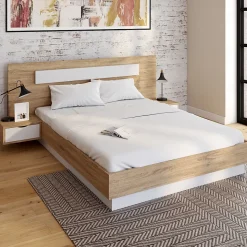 Lit double SANTA avec tête de lit + tables de chevet intégrées et sommier 140 x 190 cm bois et blanc
