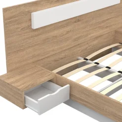 Lit double SANTA avec tête de lit + tables de chevet intégrées et sommier 140 x 190 cm bois et blanc