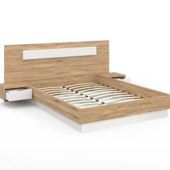 Lit double SANTA avec tête de lit + tables de chevet intégrées et sommier 140 x 190 cm bois et blanc