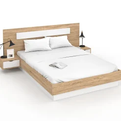 Lit double SANTA avec tête de lit + tables de chevet intégrées et sommier 140 x 190 cm bois et blanc