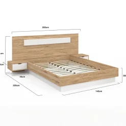 Lit double SANTA avec tête de lit + tables de chevet intégrées et sommier 140 x 190 cm bois et blanc