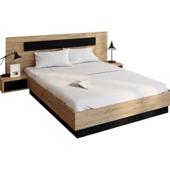 Lit double SANTA avec tête de lit + tables de chevet intégrées et sommier 140 x 190 cm bois et noir