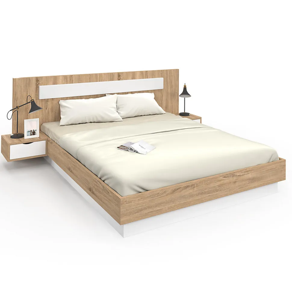 Lit double SANTA avec tête de lit + tables de chevet intégrées et sommier 160 x 200 cm bois et blanc
