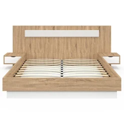 Lit double SANTA avec tête de lit + tables de chevet intégrées et sommier 160 x 200 cm bois et blanc