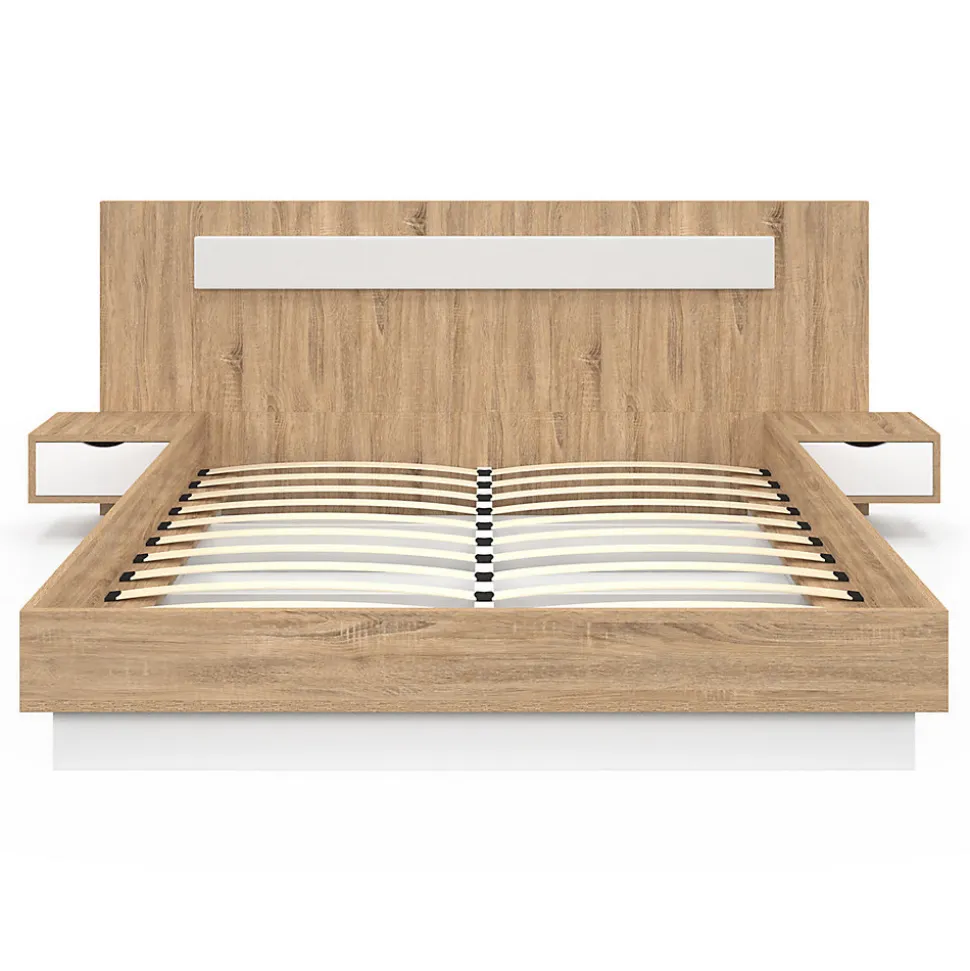 Lit double SANTA avec tête de lit + tables de chevet intégrées et sommier 160 x 200 cm bois et blanc