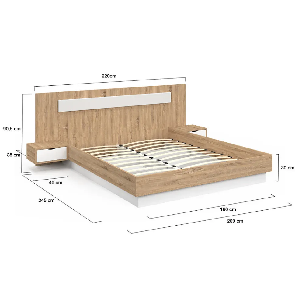 Lit double SANTA avec tête de lit + tables de chevet intégrées et sommier 160 x 200 cm bois et blanc