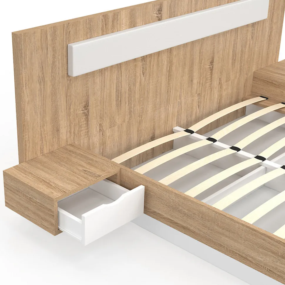 Lit double SANTA avec tête de lit + tables de chevet intégrées et sommier 160 x 200 cm bois et blanc
