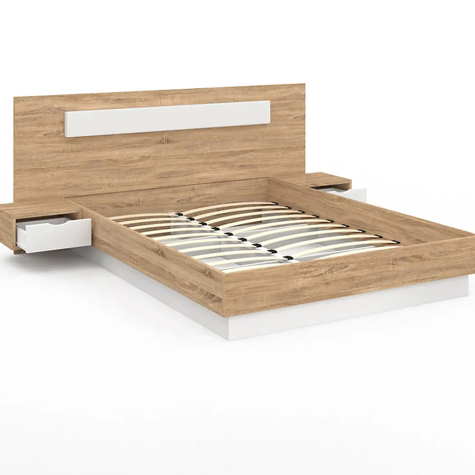 Lit double SANTA avec tête de lit + tables de chevet intégrées et sommier 160 x 200 cm bois et blanc