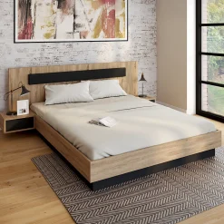 Lit double SANTA avec tête de lit + tables de chevet intégrées et sommier 160 x 200 cm bois et noir