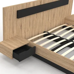 Lit double SANTA avec tête de lit + tables de chevet intégrées et sommier 160 x 200 cm bois et noir