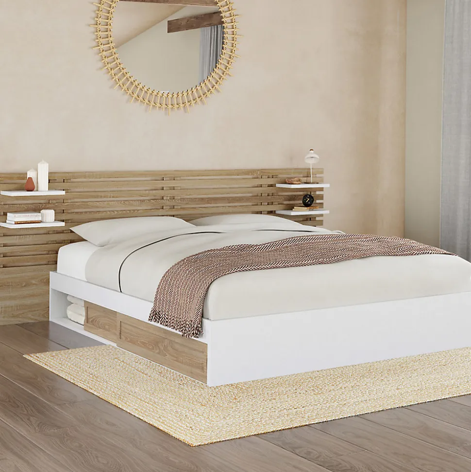 Lit double SAVANA avec tête de lit, chevets, rangements et sommier 160 x 200 cm façon hêtre et blanc