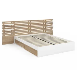 Lit double SAVANA avec tête de lit, chevets, rangements et sommier 140 x 190 cm hêtre et blanc