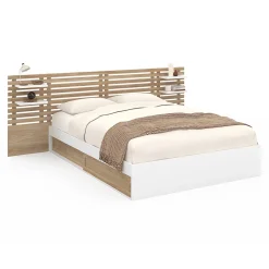 Lit double SAVANA avec tête de lit, chevets, rangements et sommier 140 x 190 cm hêtre et blanc