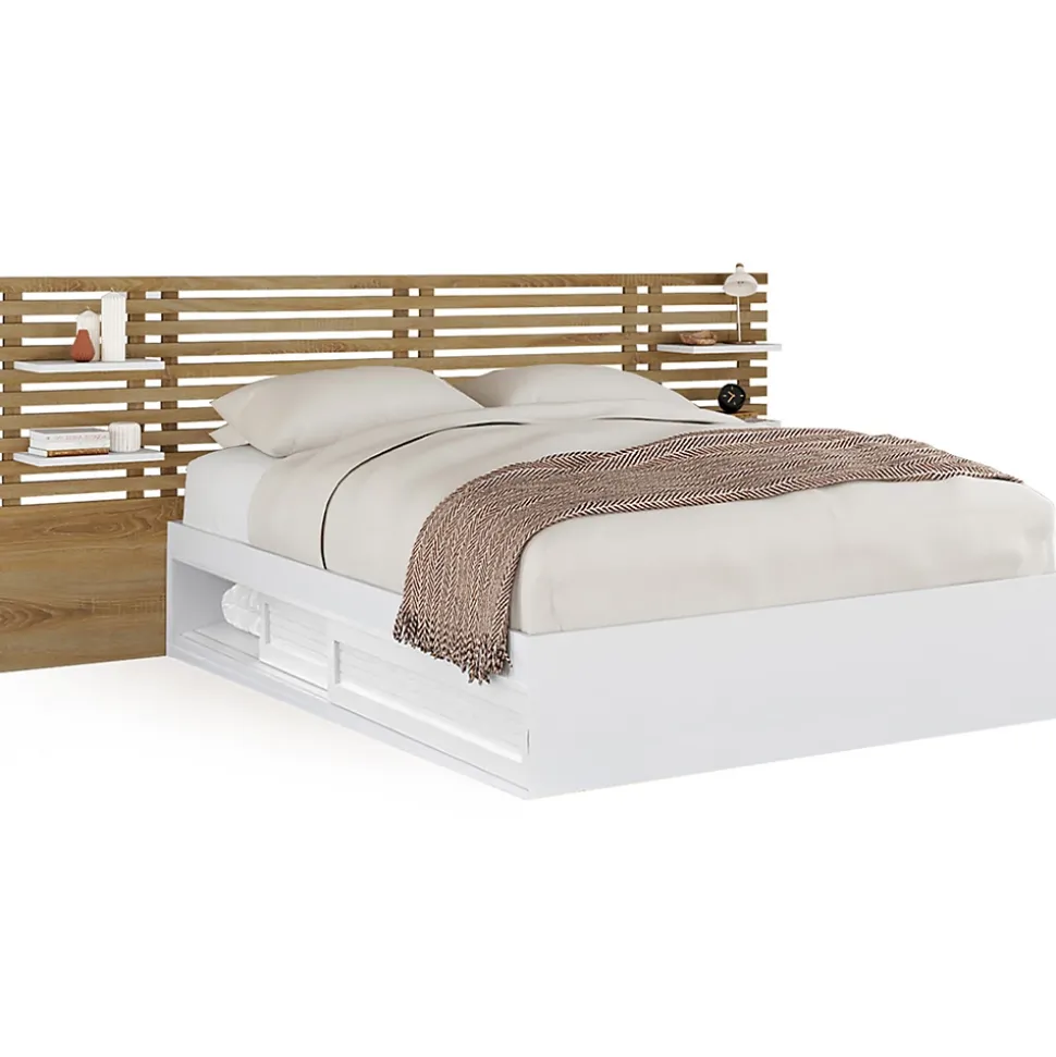 Lit double SAVANA avec tête de lit, chevets, rangements et sommier 140 x 190 cm blanc et façon hêtre