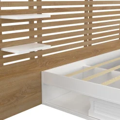 Lit double SAVANA avec tête de lit, chevets, rangements et sommier 140 x 190 cm blanc et façon hêtre