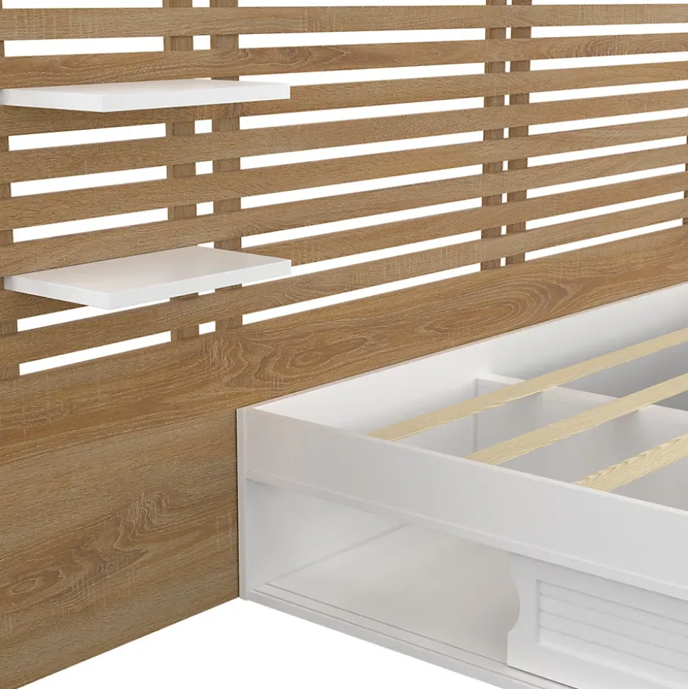 Lit double SAVANA avec tête de lit, chevets, rangements et sommier 140 x 190 cm blanc et façon hêtre