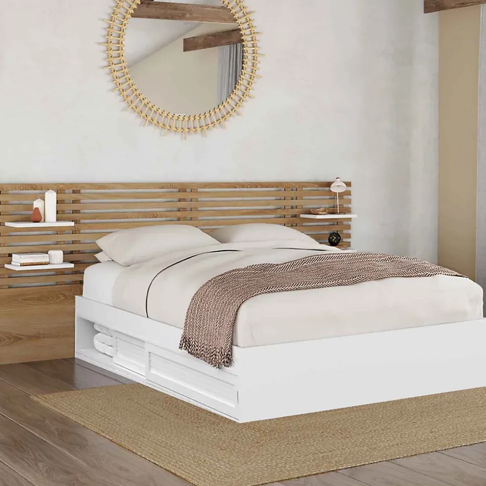 Lit double SAVANA avec tête de lit, chevets, rangements et sommier 140 x 190 cm blanc et façon hêtre